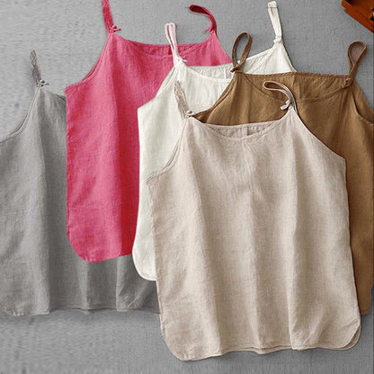 Buddha Stones Summer Plain Adjustable Strap Design Women's Cotton Linen Vest Waistcoat