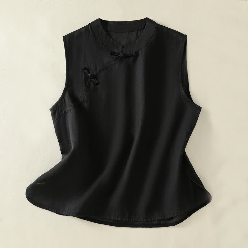 Buddha Stones Summer Retro Plain Frog-Button Stand Collar Women's Sleeveless Vest