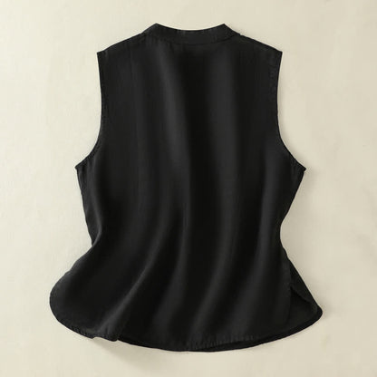 Buddha Stones Summer Retro Plain Frog-Button Stand Collar Women's Sleeveless Vest