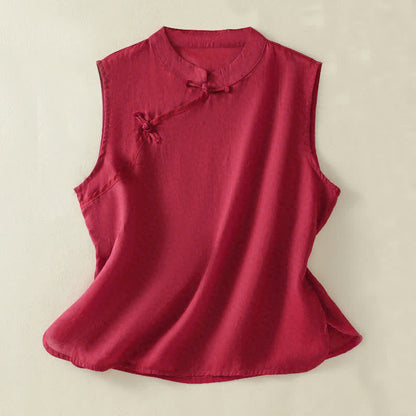 Buddha Stones Summer Retro Plain Frog-Button Stand Collar Women's Sleeveless Vest