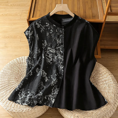 Buddha Stones Summer Minimalist Mandarin Collar Asymmetric Floral Print Women's Sleeveless Shirts