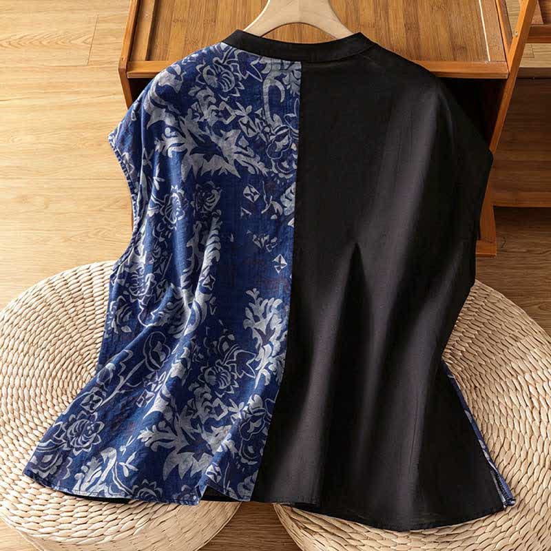 Buddha Stones Summer Minimalist Mandarin Collar Asymmetric Floral Print Women's Sleeveless Shirts