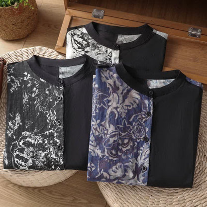 Buddha Stones Summer Minimalist Mandarin Collar Asymmetric Floral Print Women's Sleeveless Shirts