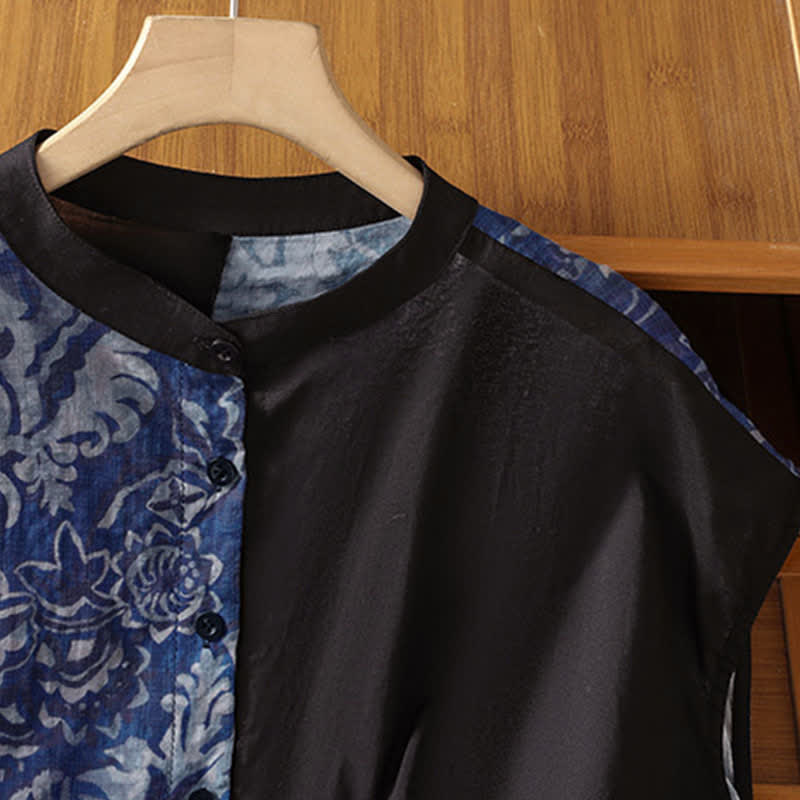 Buddha Stones Summer Minimalist Mandarin Collar Asymmetric Floral Print Women's Sleeveless Shirts