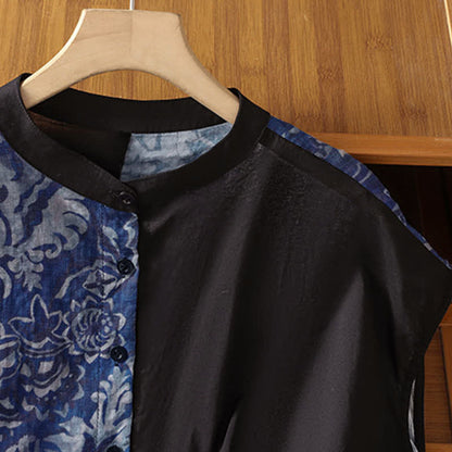Buddha Stones Summer Minimalist Mandarin Collar Asymmetric Floral Print Women's Sleeveless Shirts
