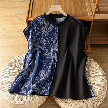 Buddha Stones Summer Minimalist Mandarin Collar Asymmetric Floral Print Women's Sleeveless Shirts