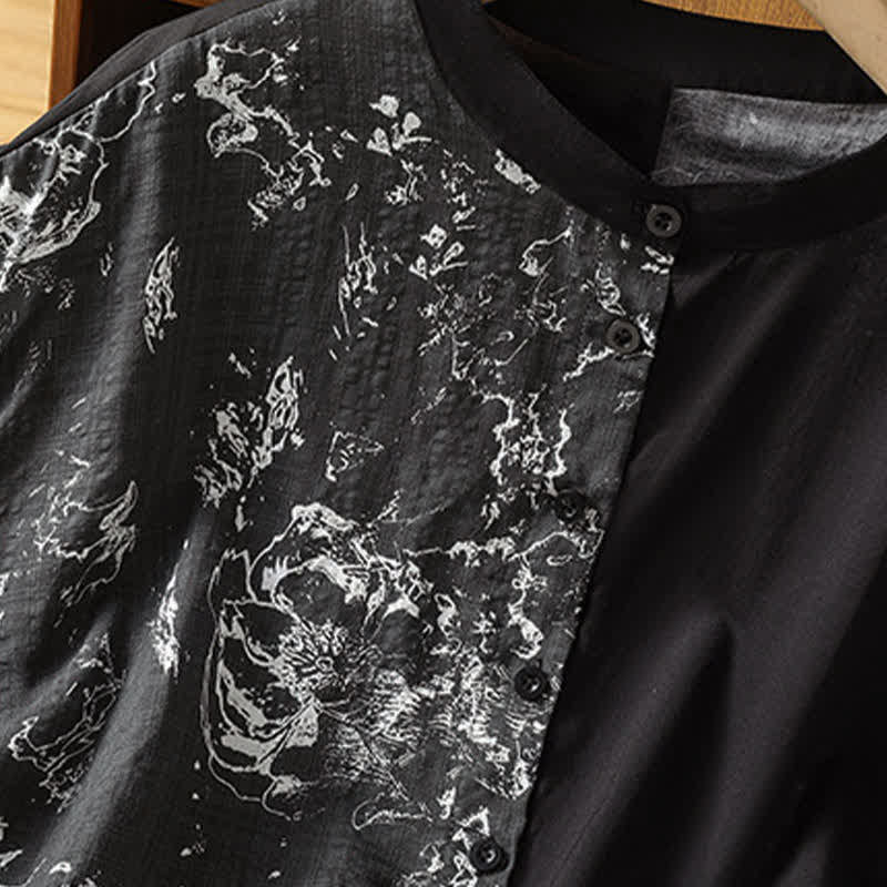 Buddha Stones Summer Minimalist Mandarin Collar Asymmetric Floral Print Women's Sleeveless Shirts