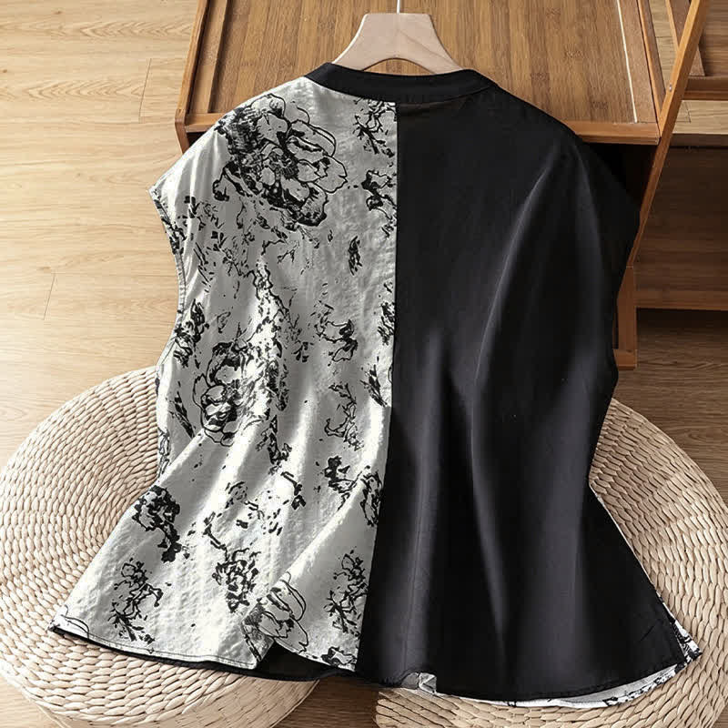 Buddha Stones Summer Minimalist Mandarin Collar Asymmetric Floral Print Women's Sleeveless Shirts