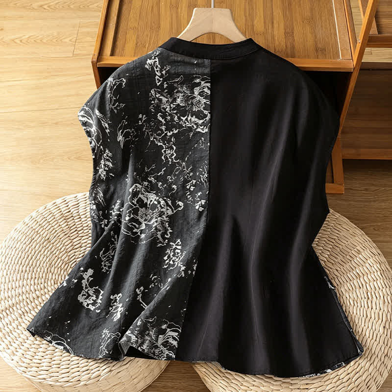 Buddha Stones Summer Minimalist Mandarin Collar Asymmetric Floral Print Women's Sleeveless Shirts