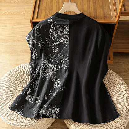 Buddha Stones Summer Minimalist Mandarin Collar Asymmetric Floral Print Women's Sleeveless Shirts