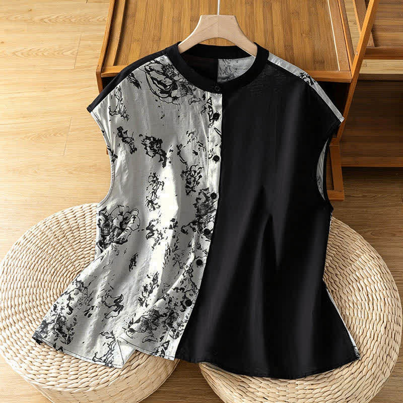 Buddha Stones Summer Minimalist Mandarin Collar Asymmetric Floral Print Women's Sleeveless Shirts