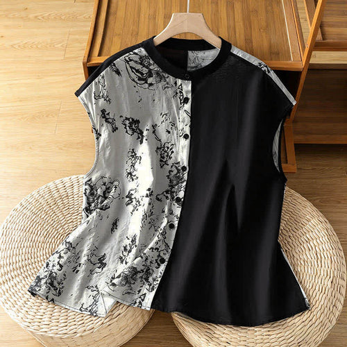 Buddha Stones Summer Minimalist Mandarin Collar Asymmetric Floral Print Women's Sleeveless Shirts