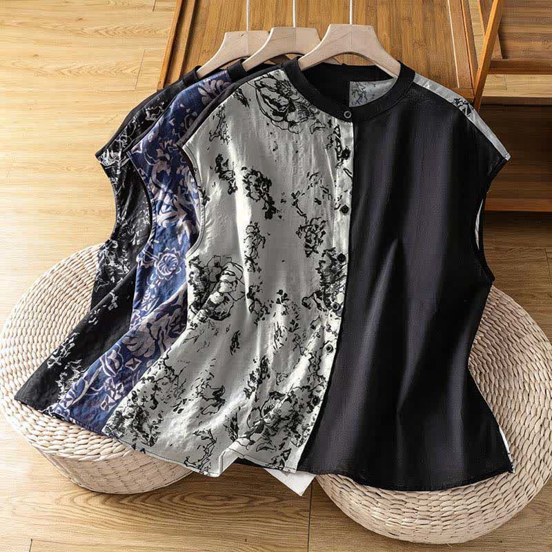 Buddha Stones Summer Minimalist Mandarin Collar Asymmetric Floral Print Women's Sleeveless Shirts