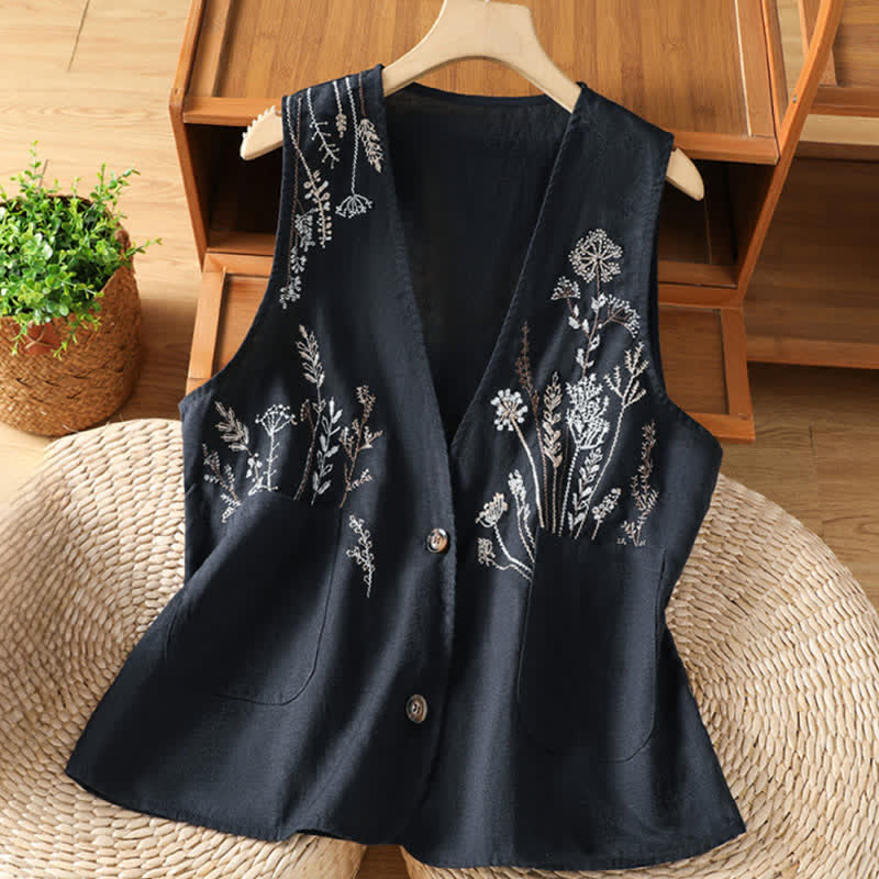 Buddha Stones Summer Embroidery Floral Women's Sleeveless Shirts With Pockets