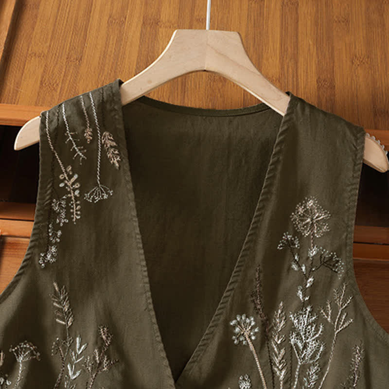 Buddha Stones Summer Embroidery Floral Women's Sleeveless Shirts With Pockets