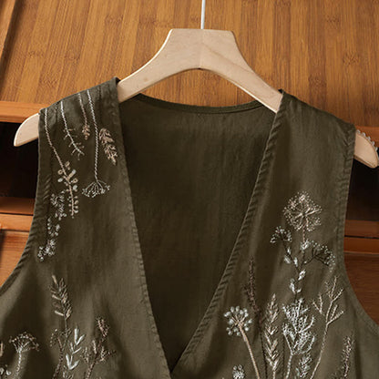 Buddha Stones Summer Embroidery Floral Women's Sleeveless Shirts With Pockets
