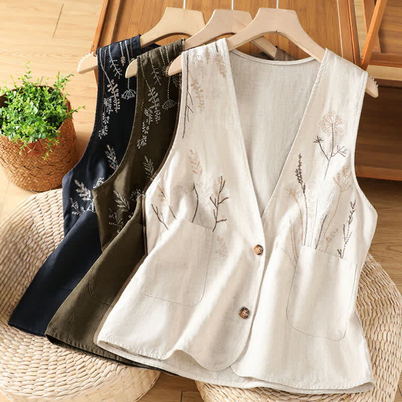 Buddha Stones Summer Embroidery Floral Women's Sleeveless Shirts With Pockets