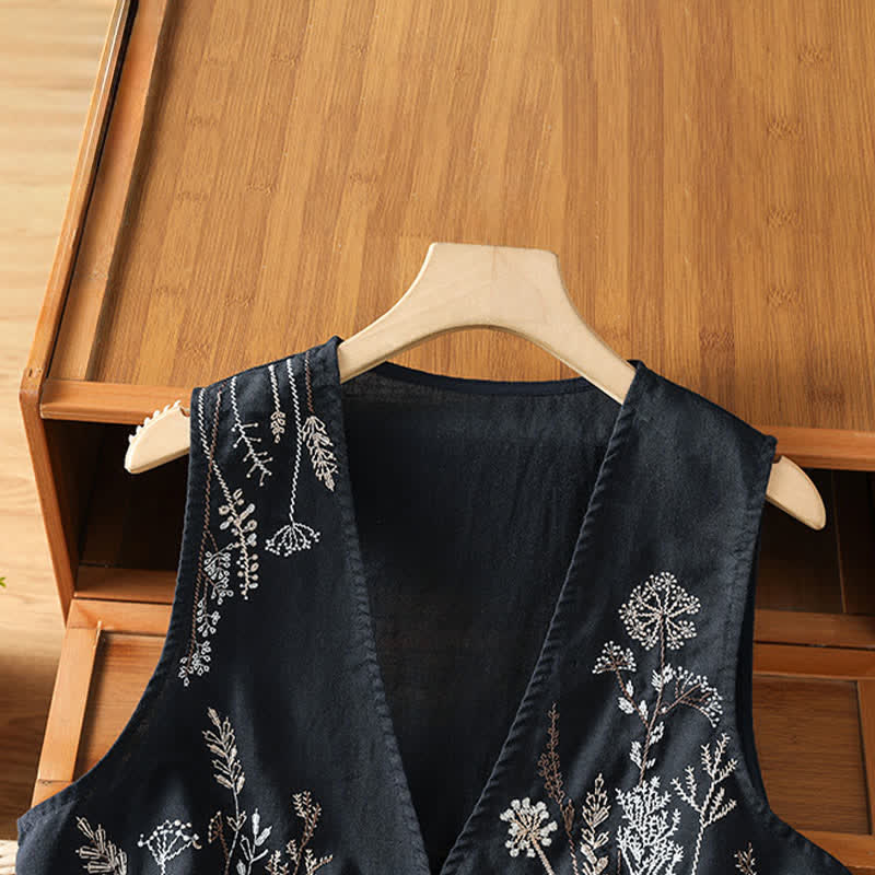Buddha Stones Summer Embroidery Floral Women's Sleeveless Shirts With Pockets