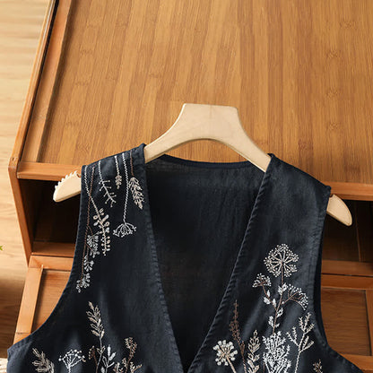 Buddha Stones Summer Embroidery Floral Women's Sleeveless Shirts With Pockets