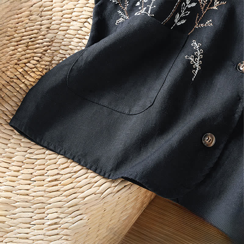 Buddha Stones Summer Embroidery Floral Women's Sleeveless Shirts With Pockets