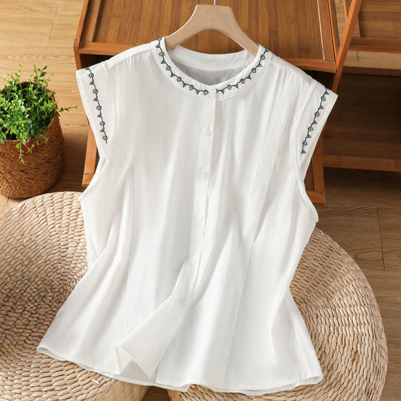Buddha Stones Summer Button-Up Solid Crew Neck Women's Sleeveless Shirts