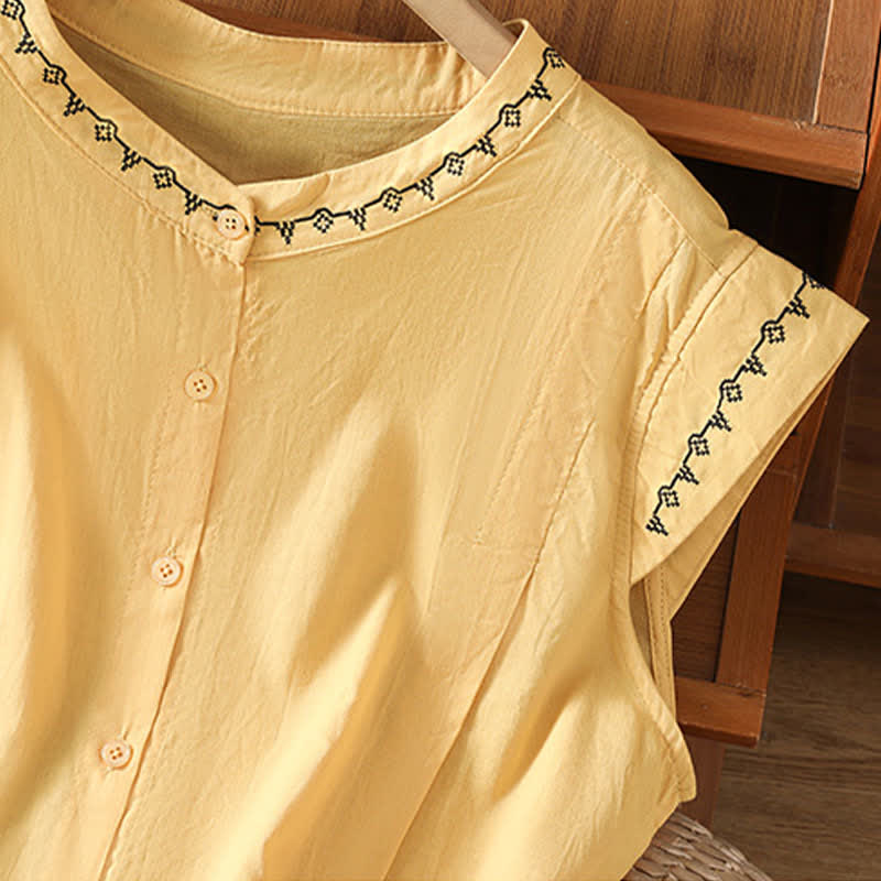 Buddha Stones Summer Button-Up Solid Crew Neck Women's Sleeveless Shirts