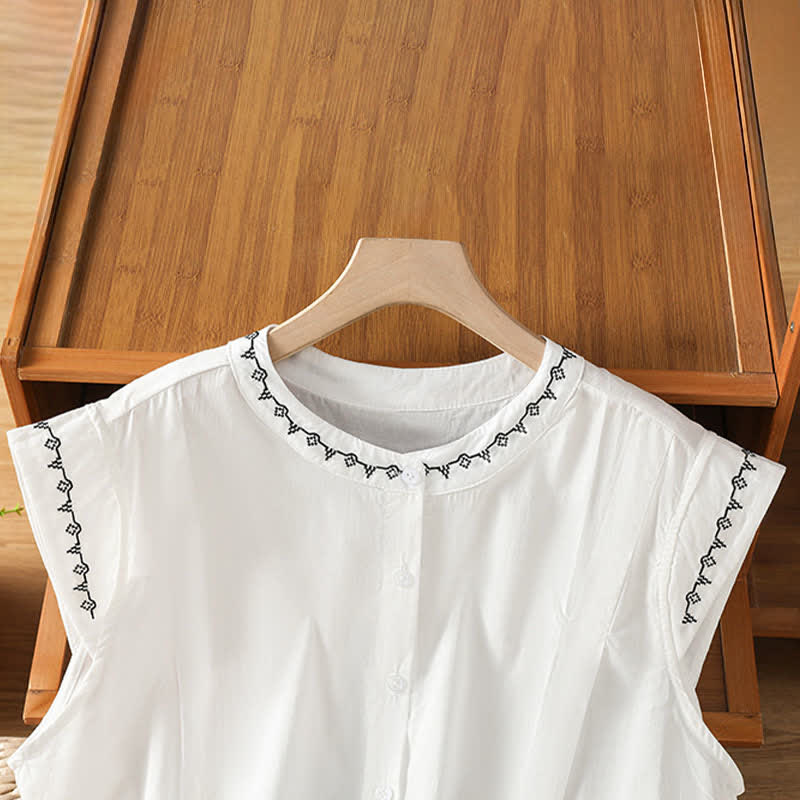 Buddha Stones Summer Button-Up Solid Crew Neck Women's Sleeveless Shirts