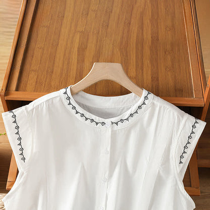 Buddha Stones Summer Button-Up Solid Crew Neck Women's Sleeveless Shirts