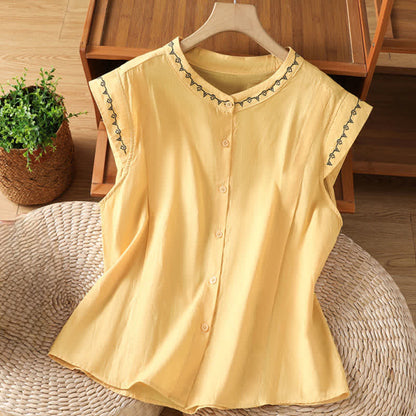 Buddha Stones Summer Button-Up Solid Crew Neck Women's Sleeveless Shirts