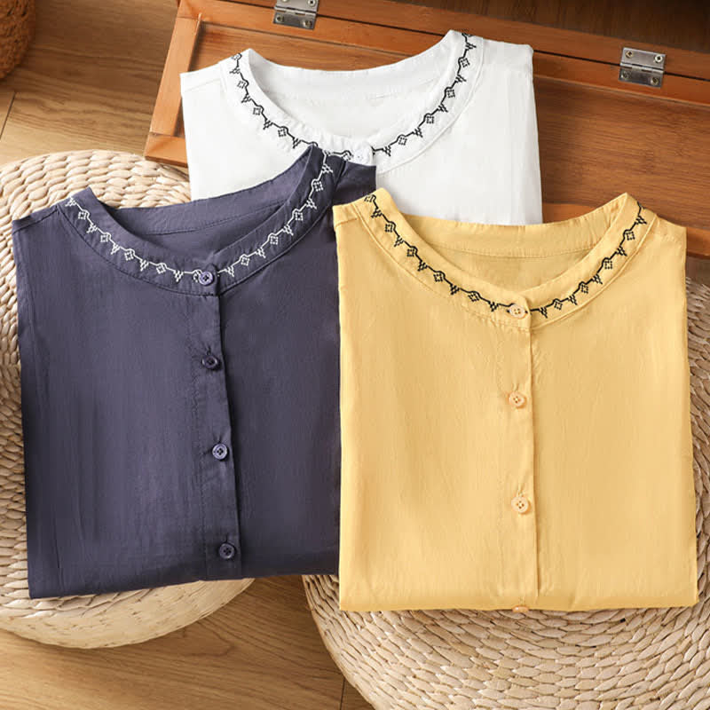 Buddha Stones Summer Button-Up Solid Crew Neck Women's Sleeveless Shirts