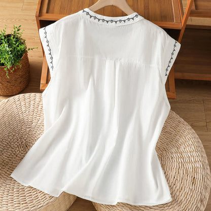 Buddha Stones Summer Button-Up Solid Crew Neck Women's Sleeveless Shirts