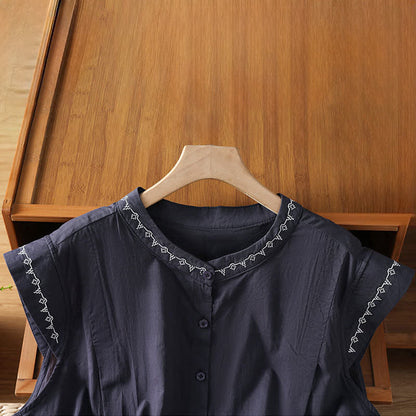 Buddha Stones Summer Button-Up Solid Crew Neck Women's Sleeveless Shirts