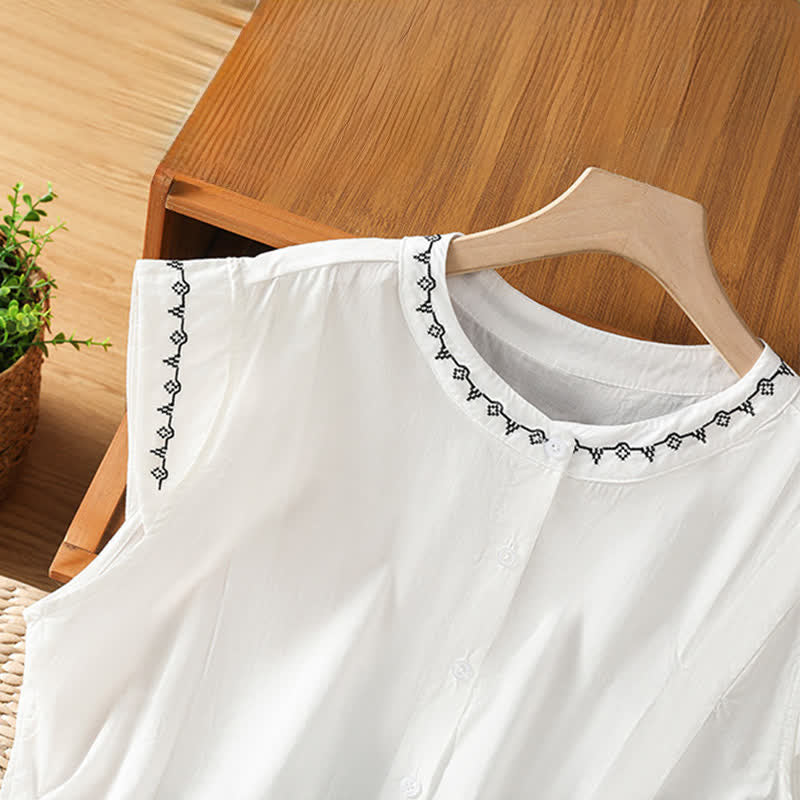 Buddha Stones Summer Button-Up Solid Crew Neck Women's Sleeveless Shirts
