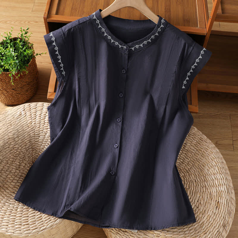 Buddha Stones Summer Button-Up Solid Crew Neck Women's Sleeveless Shirts