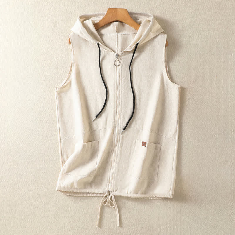 Buddha Stones Summer Casual Drawstring Solid Zipper Design Women's Sleeveless Hooded Shirts With Pockets