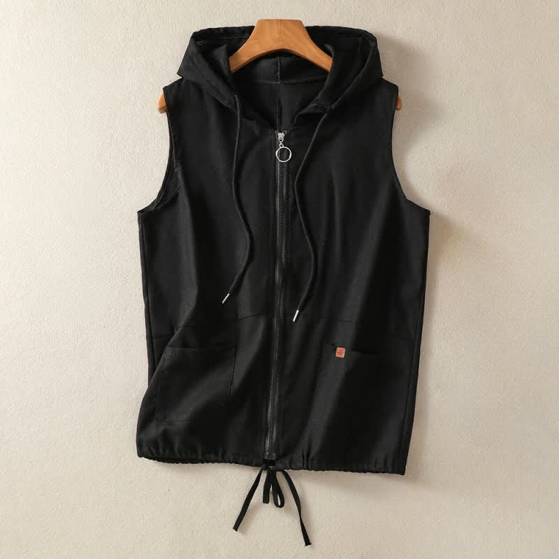Buddha Stones Summer Casual Drawstring Solid Zipper Design Women's Sleeveless Hooded Shirts With Pockets