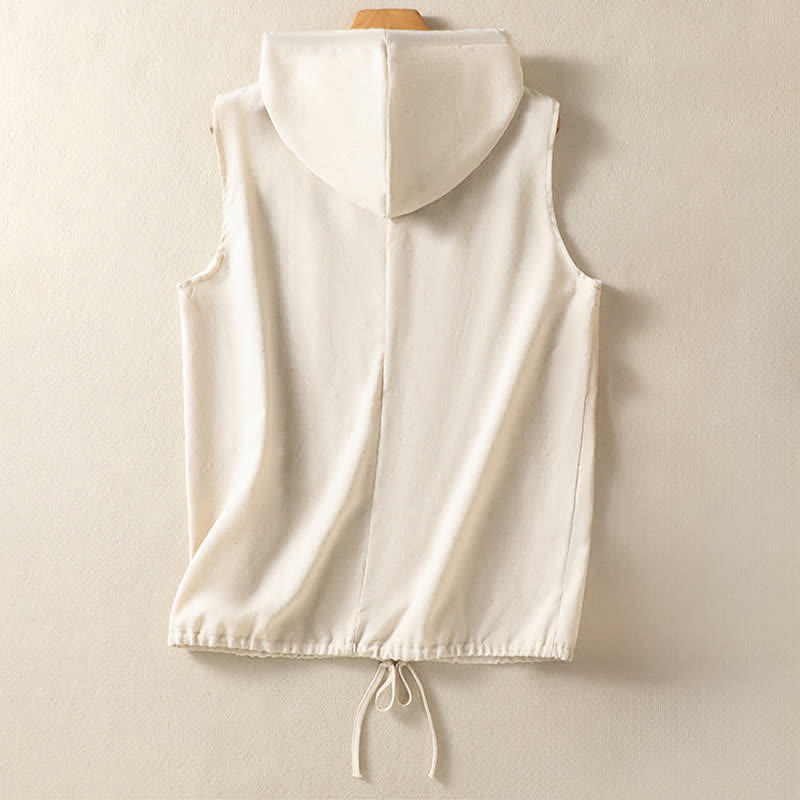 Buddha Stones Summer Casual Drawstring Solid Zipper Design Women's Sleeveless Hooded Shirts With Pockets