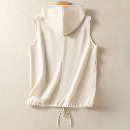 Buddha Stones Summer Casual Drawstring Solid Zipper Design Women's Sleeveless Hooded Shirts With Pockets