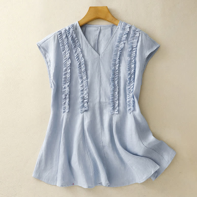 Buddha Stones Summer Casual Solid V-Neck Vertical Ruffle Pleat Women's Sleeveless T-Shirts Tank Top