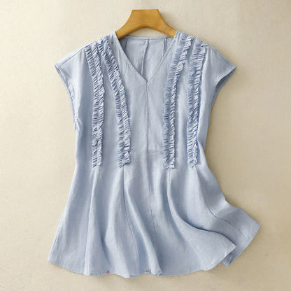 Buddha Stones Summer Casual Solid V-Neck Vertical Ruffle Pleat Women's Sleeveless T-Shirts Tank Top
