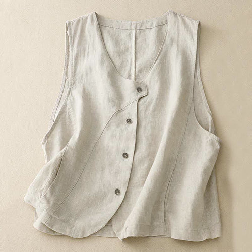 Buddha Stones Summer Casual Minimalist Lines Button-Up Solid Women's Sleeveless Shirts Tank Top With Pocket