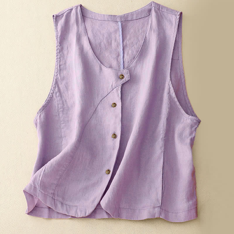 Buddha Stones Summer Casual Minimalist Lines Button-Up Solid Women's Sleeveless Shirts Tank Top With Pocket