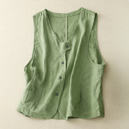 Buddha Stones Summer Casual Minimalist Lines Button-Up Solid Women's Sleeveless Shirts Tank Top With Pocket
