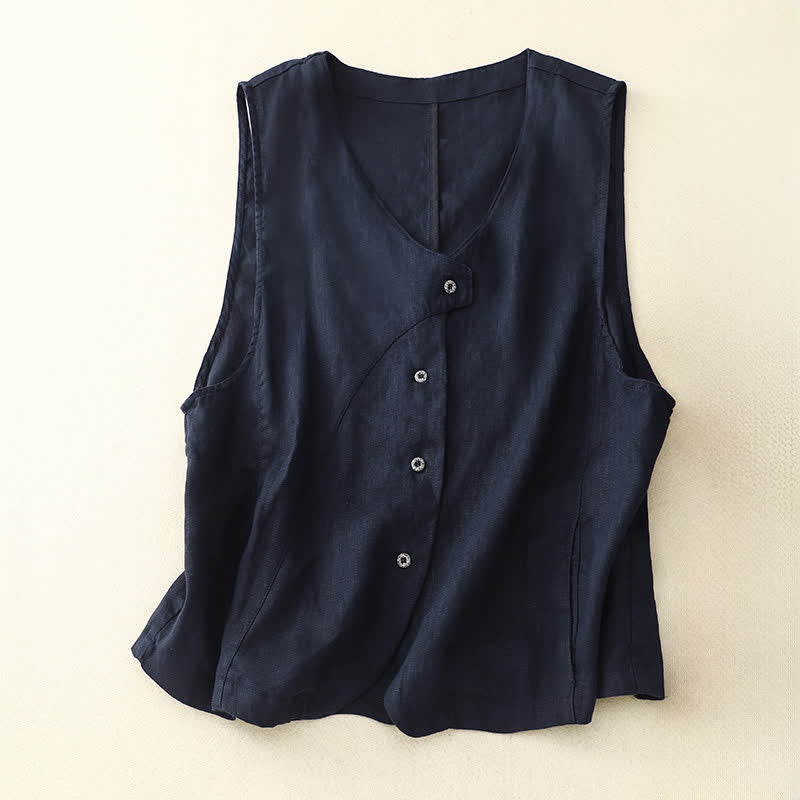 Buddha Stones Summer Casual Minimalist Lines Button-Up Solid Women's Sleeveless Shirts Tank Top With Pocket