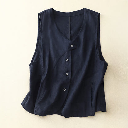 Buddha Stones Summer Casual Minimalist Lines Button-Up Solid Women's Sleeveless Shirts Tank Top With Pocket