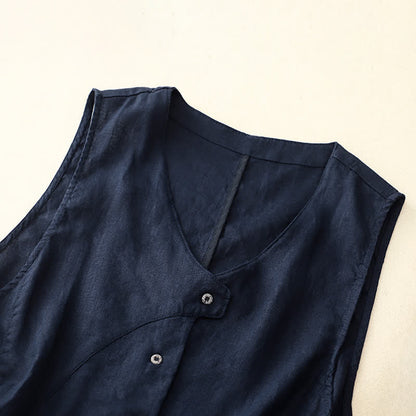 Buddha Stones Summer Casual Minimalist Lines Button-Up Solid Women's Sleeveless Shirts Tank Top With Pocket