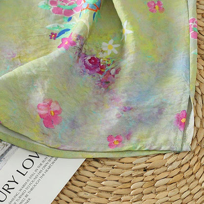 Buddha Stones Summer Elegant Mandarin Collar Side Slit Floral Print Women's Sleeveless Shirts