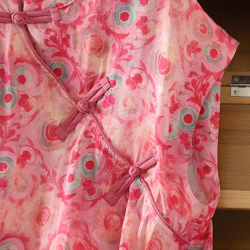 Buddha Stones Summer Elegant Mandarin Collar Side Slit Floral Print Women's Sleeveless Shirts
