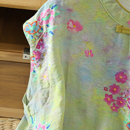 Buddha Stones Summer Elegant Mandarin Collar Side Slit Floral Print Women's Sleeveless Shirts