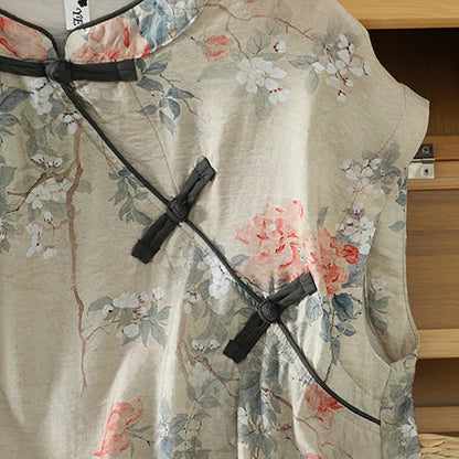Buddha Stones Summer Elegant Mandarin Collar Side Slit Floral Print Women's Sleeveless Shirts